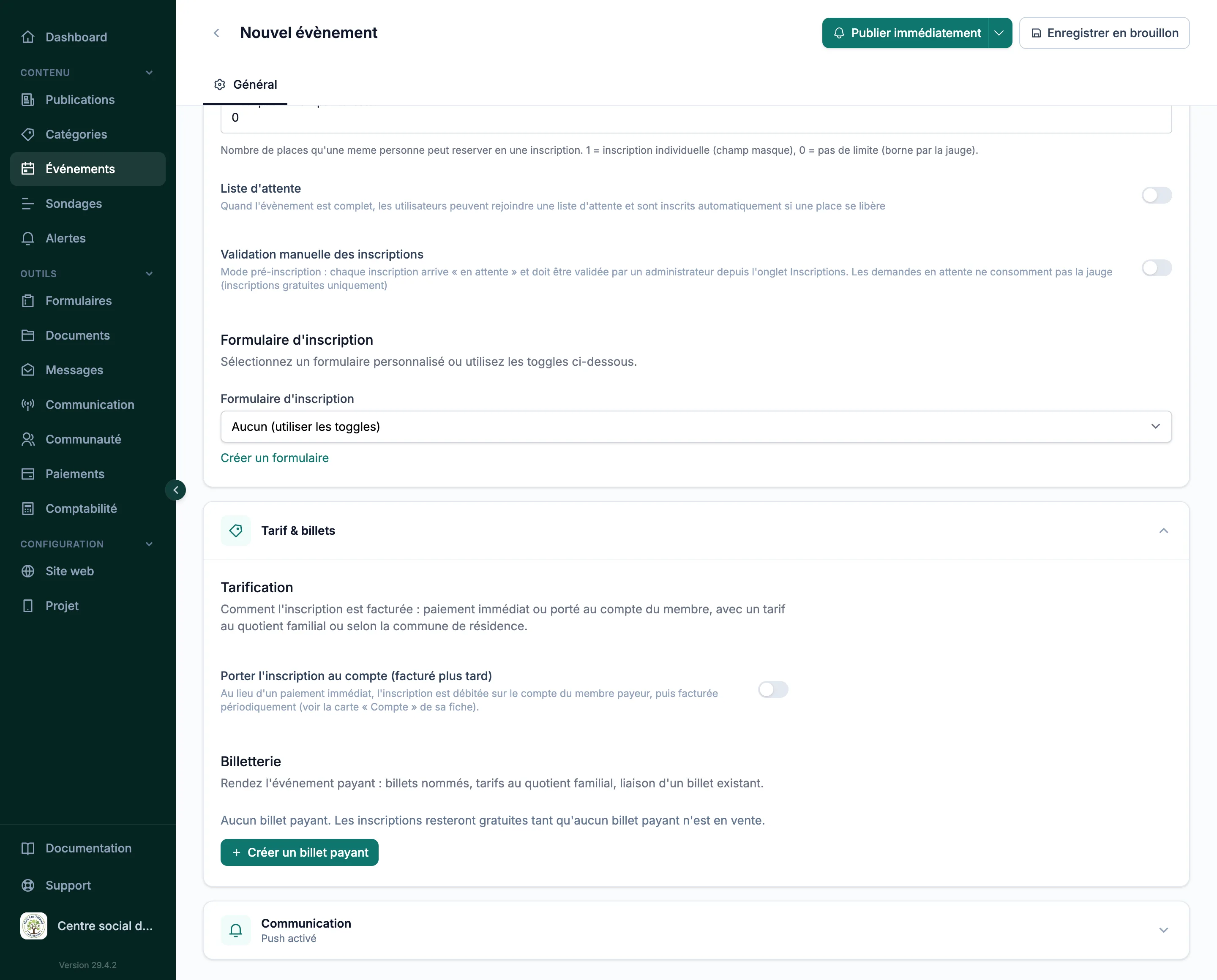 Configuration des tarifs d'un événement dans Silia