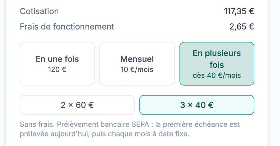Paiement d'une adhésion en ligne : carte bancaire ou prélèvement SEPA, en une fois ou en plusieurs fois