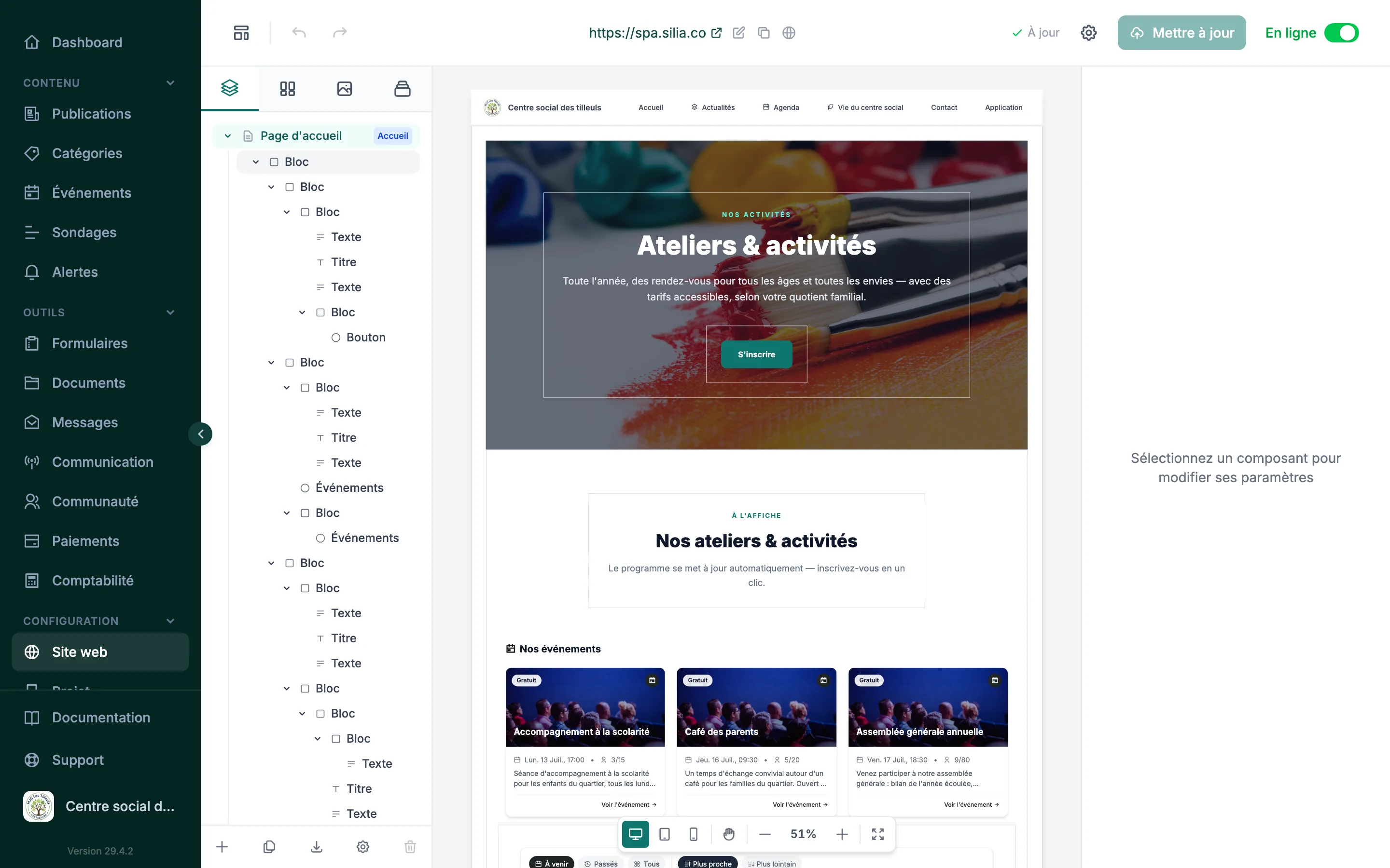 Builder de sections du site internet d'une association