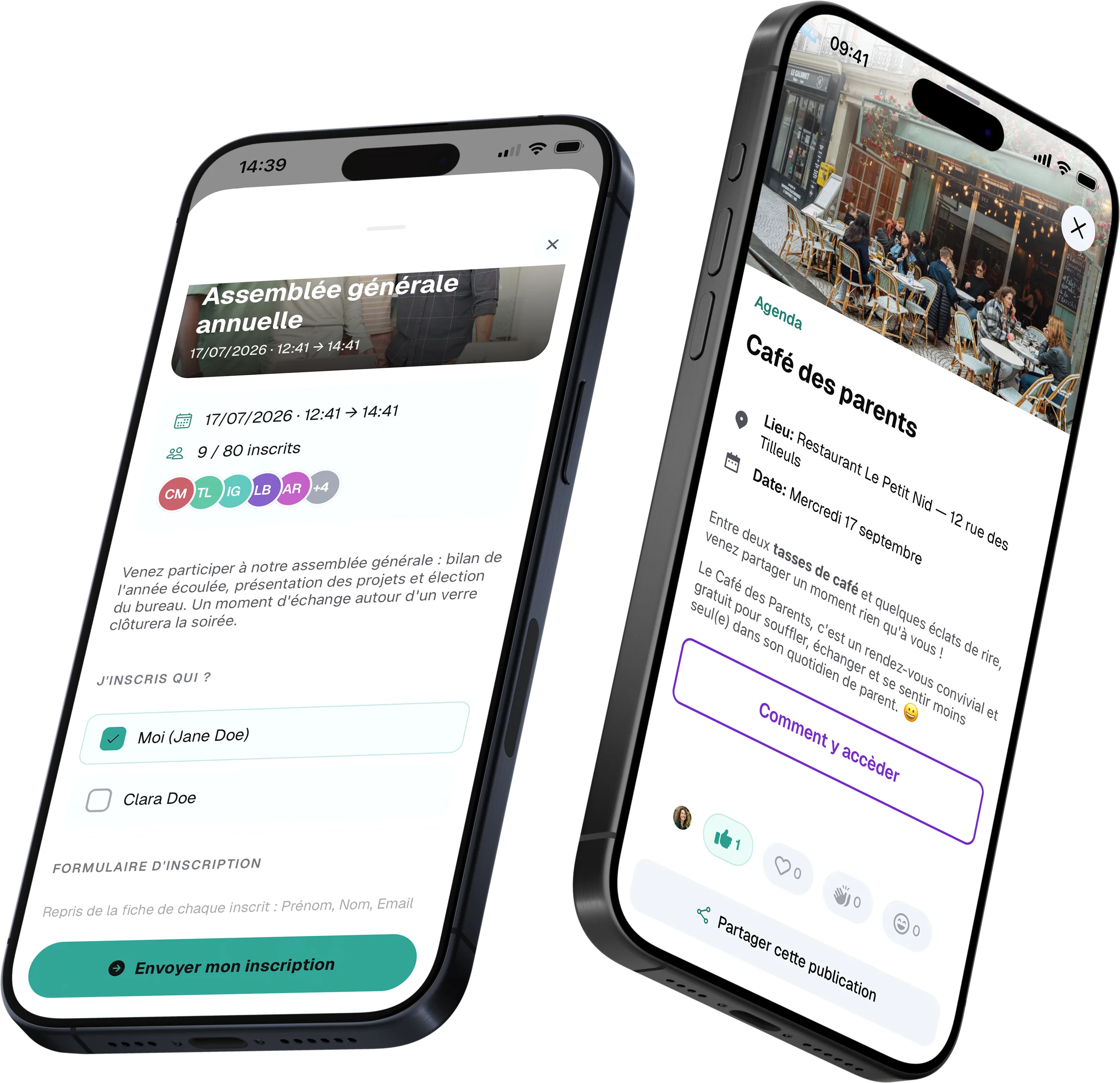Inscription à un événement d'association depuis l'application mobile : choix des participants et formulaire